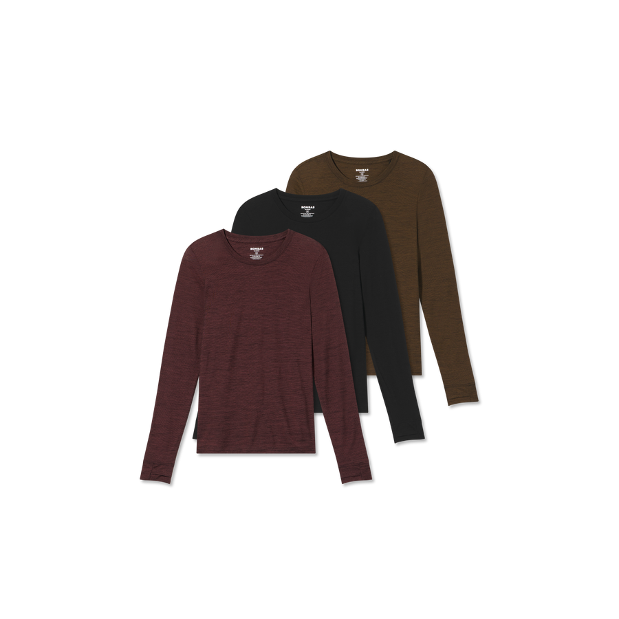 Women's Merino Wool Blend Crew Neck Long Sleeve T-Shirt 3-Pack - Cozy Step